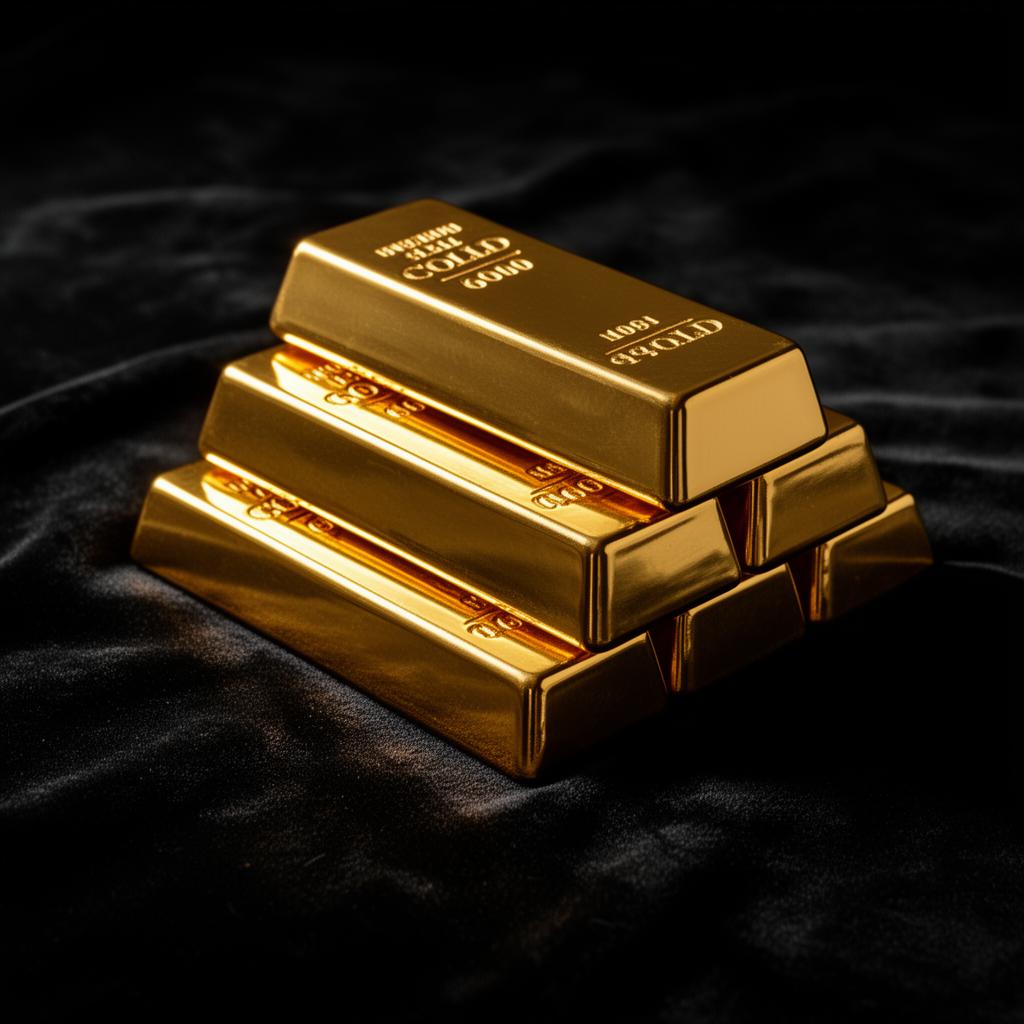 Stack of 24-karat gold bullion bars on emerald velvet